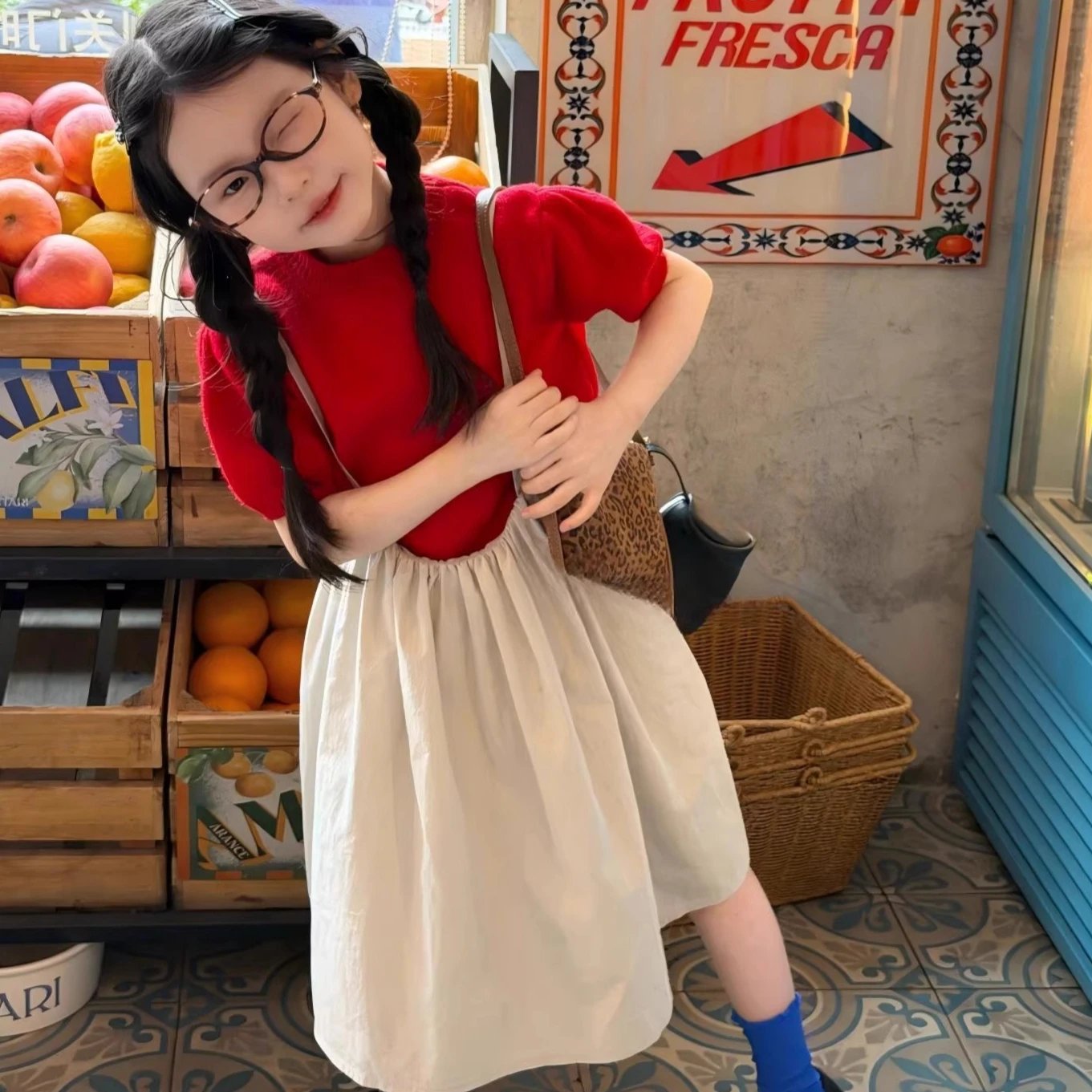 

Girls Suit 2026 Spring and Summer New Childrens Wear Korean Girl Baby Short-sleeved Knitted Shirt Suspender Dress Two-piece Set