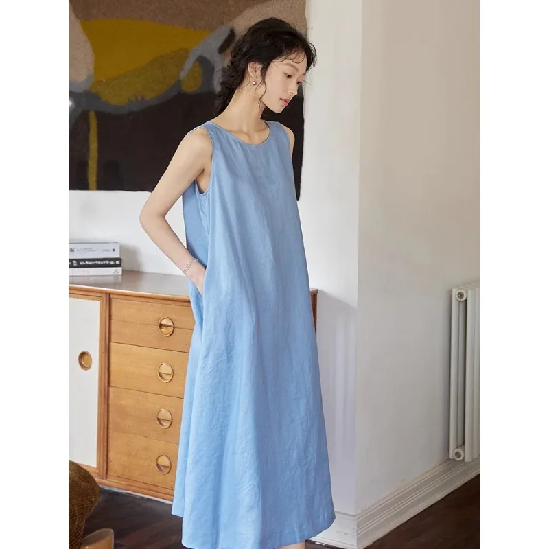 2025年夏新作 フレンチスタイル ベスト リネンワンピース ノースリーブ Oネック 無地 ラッフルヘム Aライン タンク ロングワンピース レディース エレガント N784