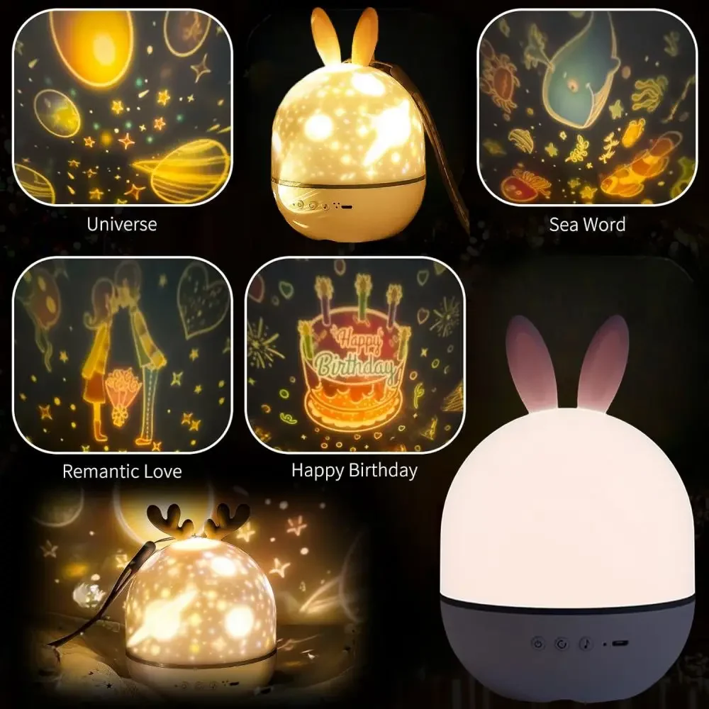 Rabbit Table Lamp Dreamy Spin Starry Sky Projector Light Christmas Lamps for Children's Room Decoration USB Led Night Light Gift