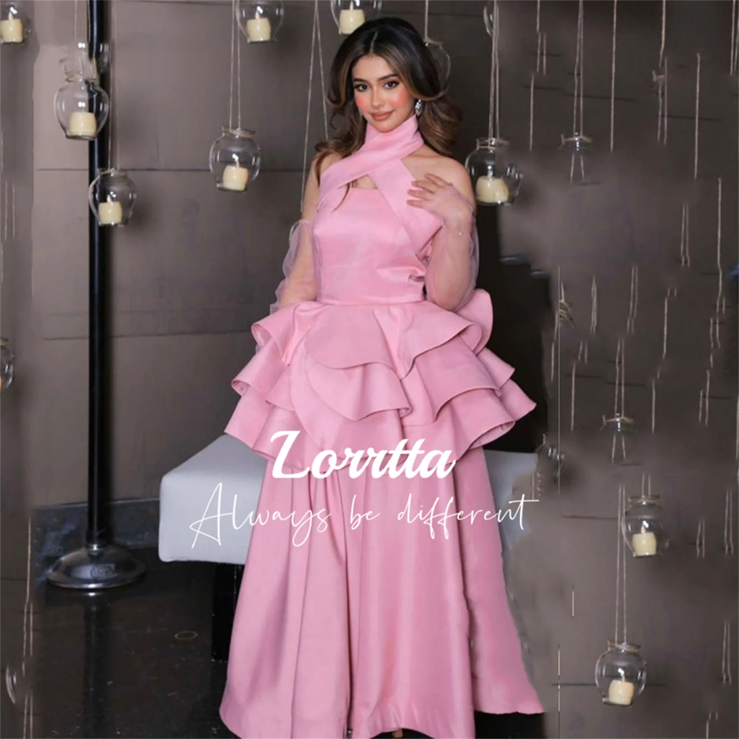 

Lorrtta Ruffles Pink Sweet Girl Halter Neck Floor-length Mesh Sleeves فستان سهرة نسائي سعودية فساتين السهرة مناسبة رسمية طويلة