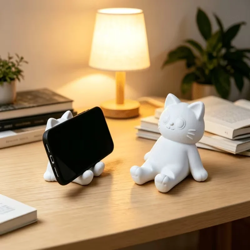 3D Printed White Lazy Sitting Cat Phone Holder Universal Mobile Phone Bracket Window Sill Lovely Animal Shape Desktop Decor