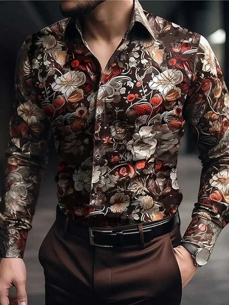 قميص رجالي فاخر مطبوع عليه ريش ثلاثي الأبعاد قميص كاجوال بأكمام طويلة، قميص عصري عالي الجودة