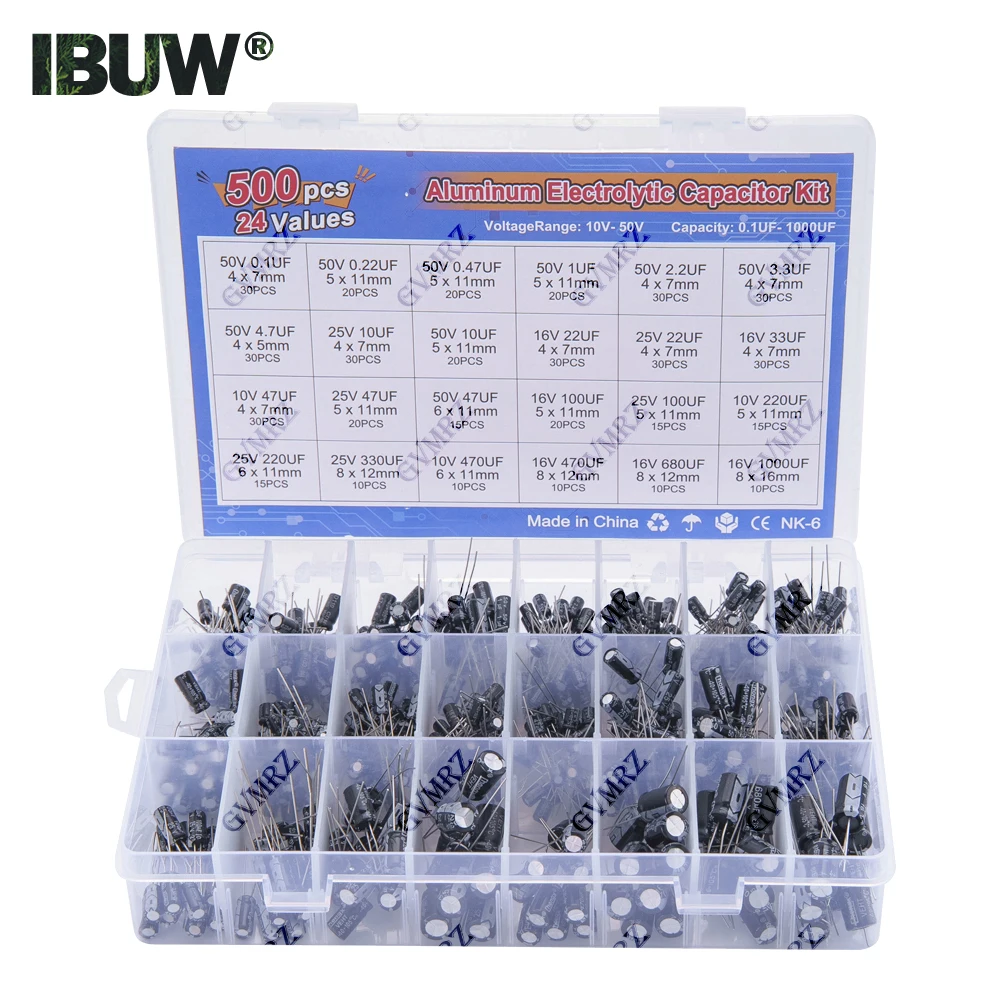 500PCS/lot 0.1UF-1000UF 24Values Aluminum Electrolytic Capacitors 16-50V mix Electrolytic capacitor Assorted kit and storage box