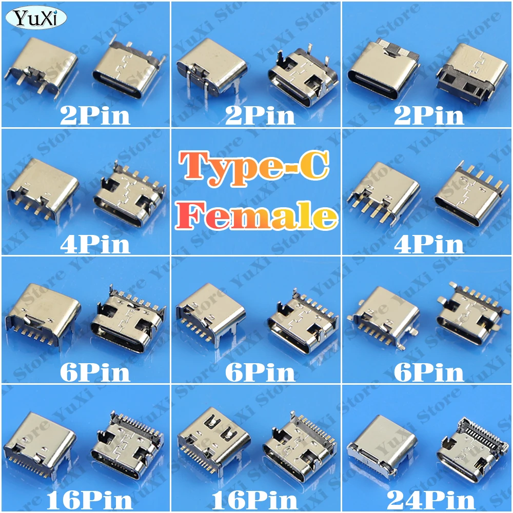 USB Type-C Connector Female Port Jack Socket 2/4/6/16/24Pin Charging Port SMD SMT PCB Solder USB-C Type C Tail Plug DIY Repair