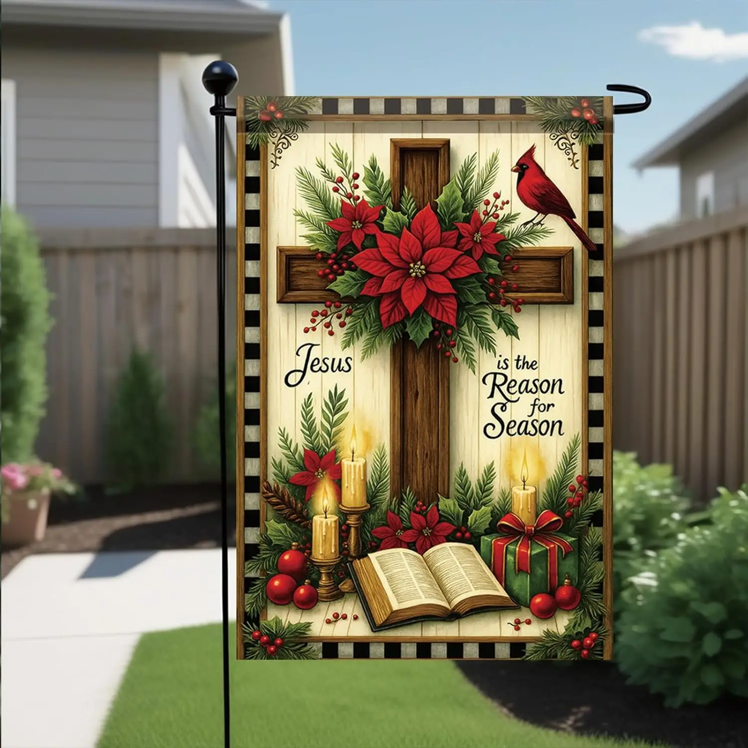 عيد الميلاد حديقة العلم يسوع هو سبب الموسم الصليب الكتاب المقدس البونسيتة 12x18 بوصة مزدوجة الوجهين في الهواء الطلق ساحة راية FFI