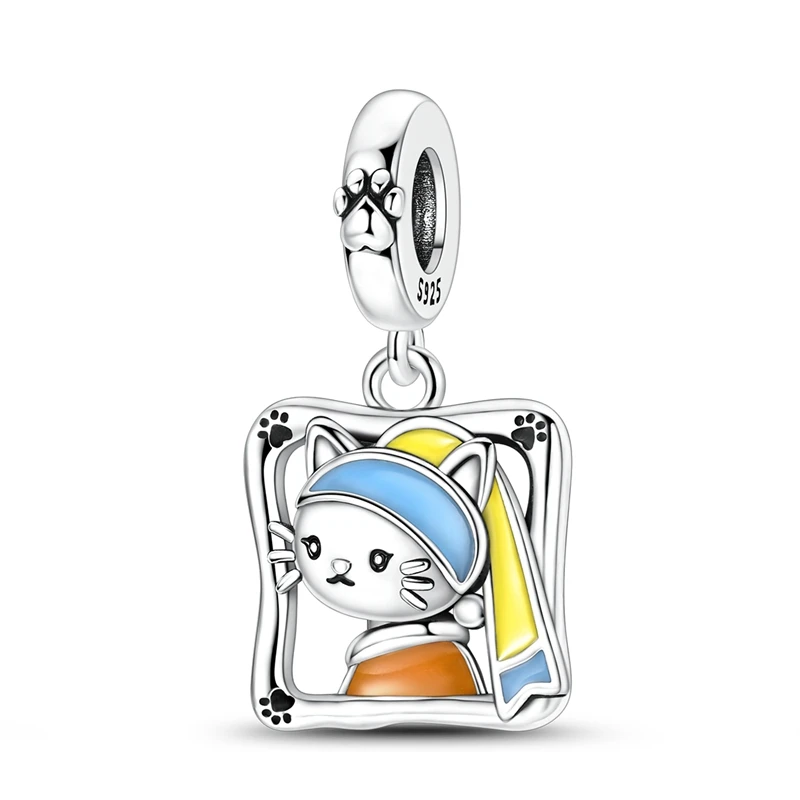 925 Sterling Silver Oil Painting Cat Charms Pendant Fit Original Bracelet DIY Women Anniversary Jewelry Gift