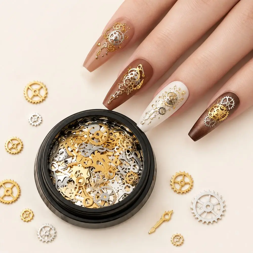 120Pcs Steampunk Gear Nail Charms Gold Silver Cogs Clock Hands Watch Rivet Screws Vintage Alloy 3D Nail Studs Manicure Supplies