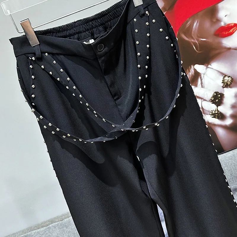 PFHQ Autumn New Loose Versatile Metal Nail Decoration Ribbon Design High Street Straight Leg Casual Pants Solid Color