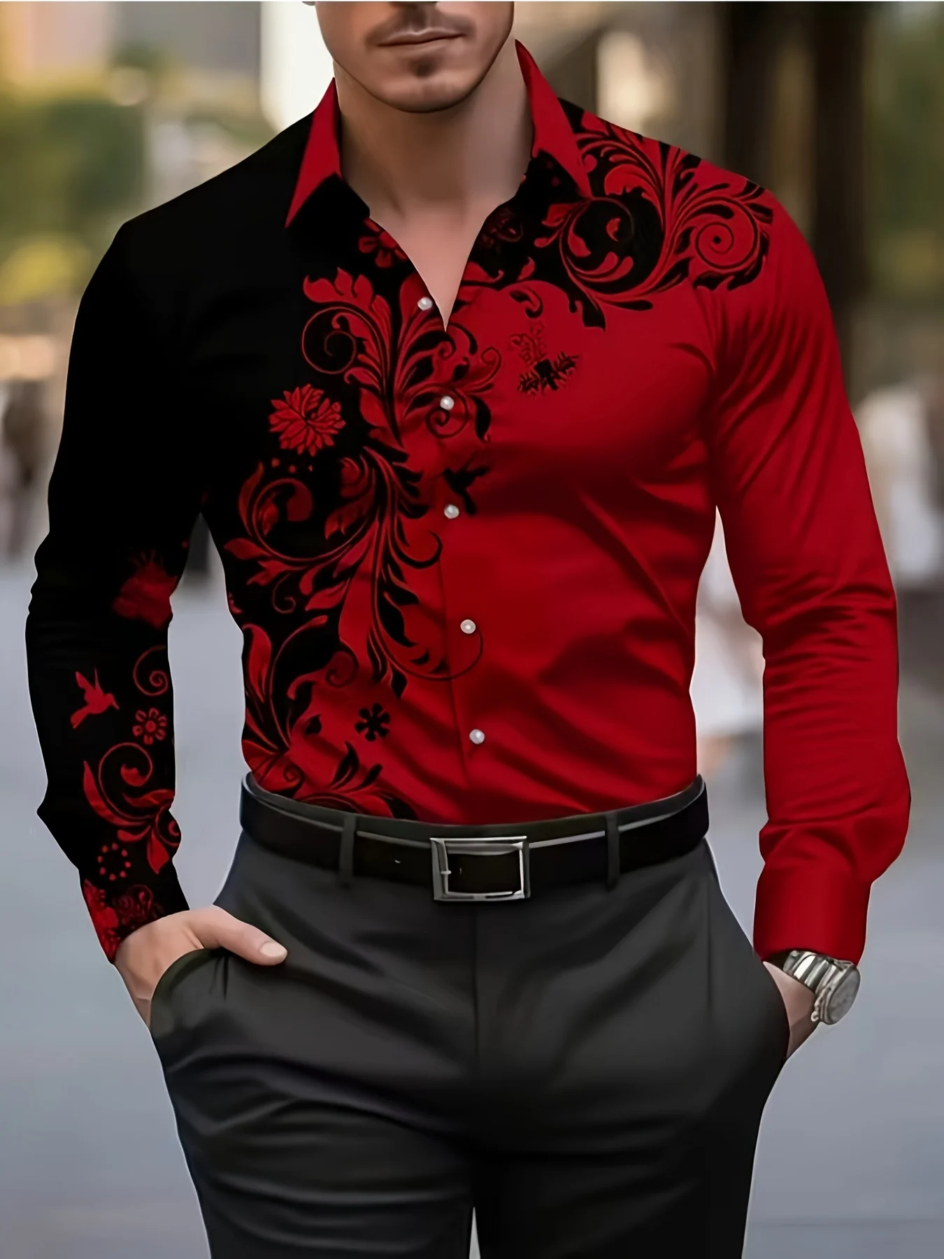 Men Red Black Baroque Floral Splice Print Long Sleeve Shirt Lapel Collar Button‑Up Polyester Party Blouse