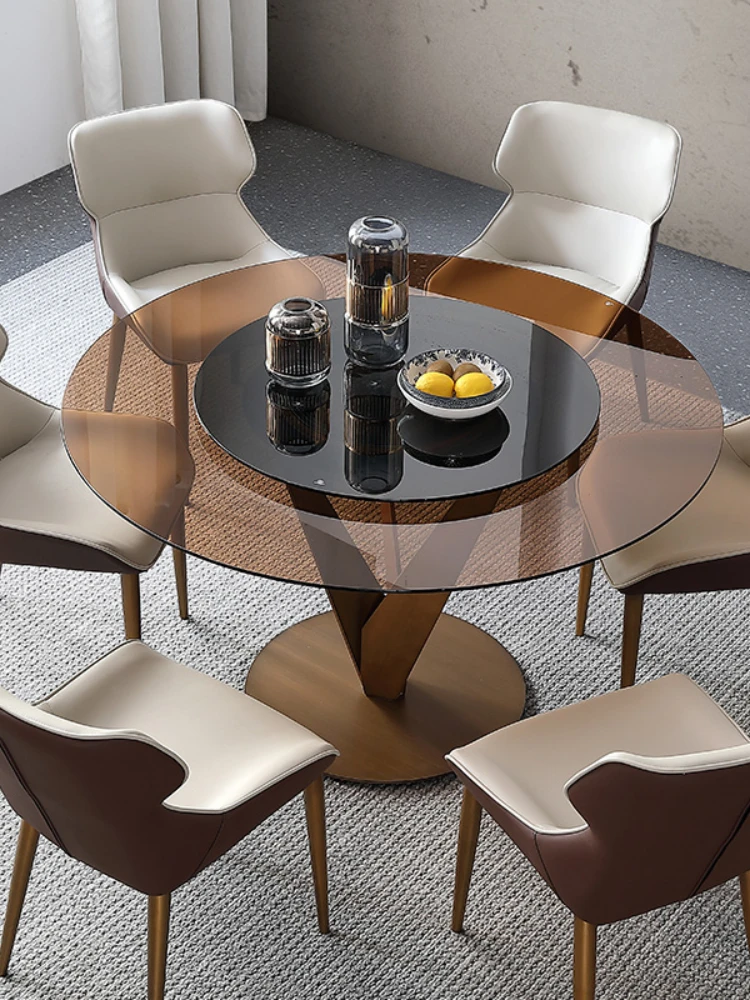 

Table Minimalist Round Table and Chair Modern Simple Light Luxury Tempered Glass Table Dining Table Set 6 Chairs