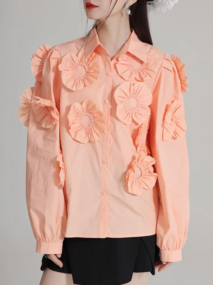 [EAM] Women Blue Orange Big Flower Pleated Elegant Blouse New Lapel Long Sleeve Shirt Fashion Tide Spring Autumn 2024 1DH4778