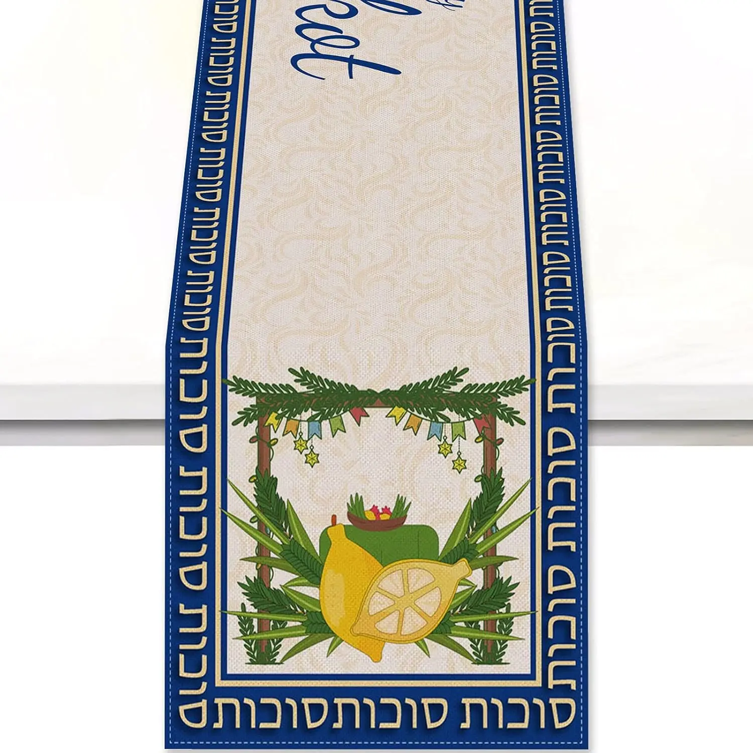 Happy Sukkot Linen Table Runner Home Decor Jewish Festival Citron Willow Branches Kitchen Dining Table Runners Party Decorations