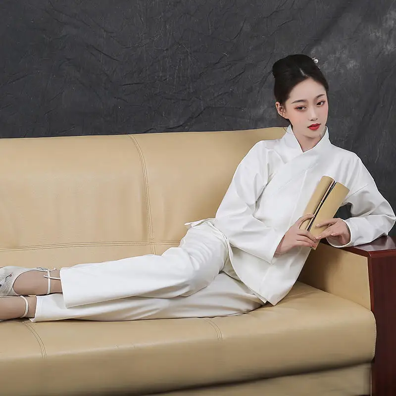 Women's Inner Hanfu Pink White Velvet Pajamas Coat + Pants Zen Retreat Suit Ancient Pure Cotton Elastic Comfortable Home Clothes