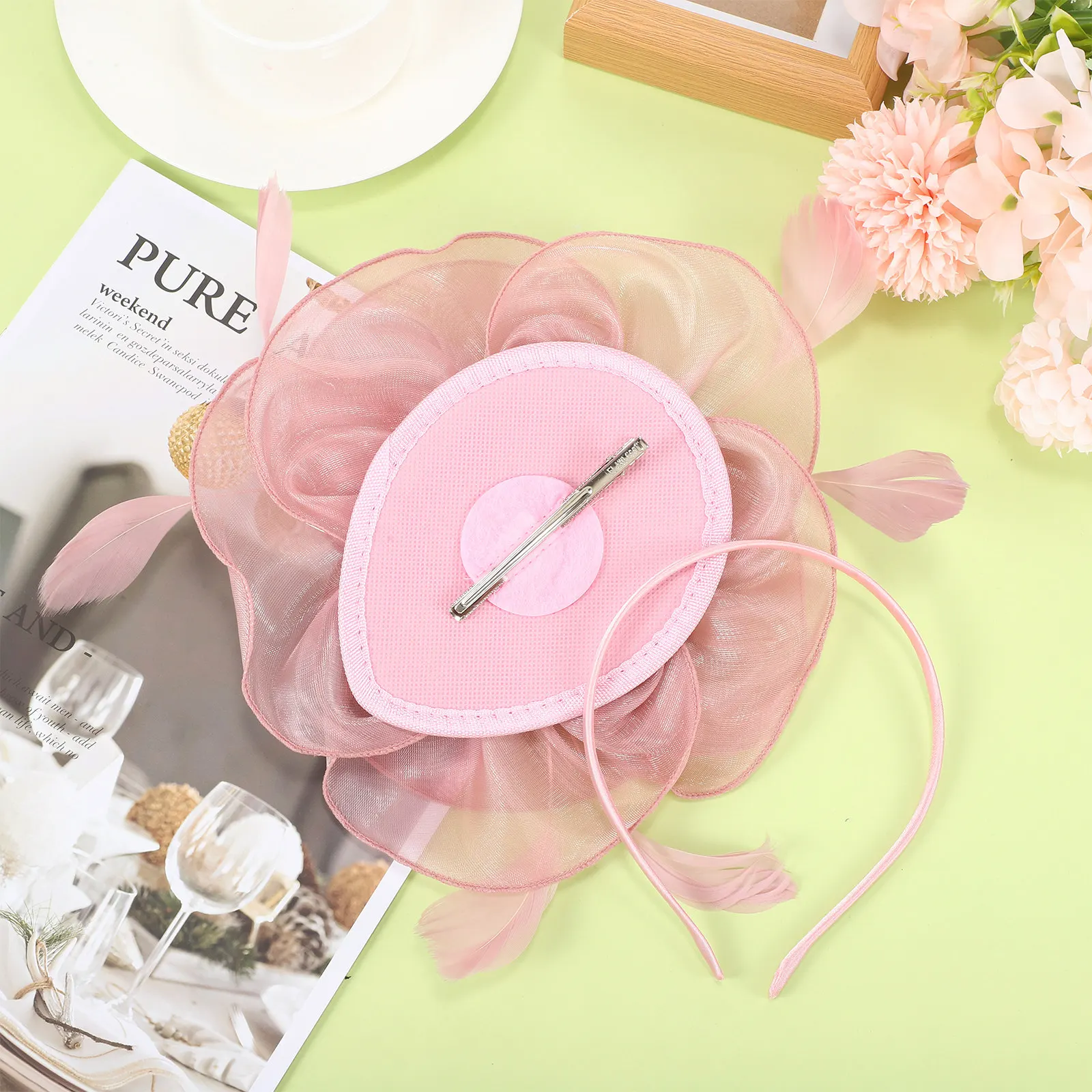 Pink Fascinator Headband Women Tea Party Wedding Bridal Large Flower Banquet Hairpiece Fashionable Headdress Pink Fascinator
