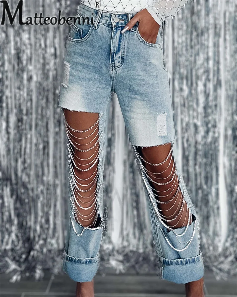 

Fashion Hollow Out Chain Decoration Straight Jeans Female Trend Casual Streetwear Women's Mid Waist Button Splicing Denim Pants