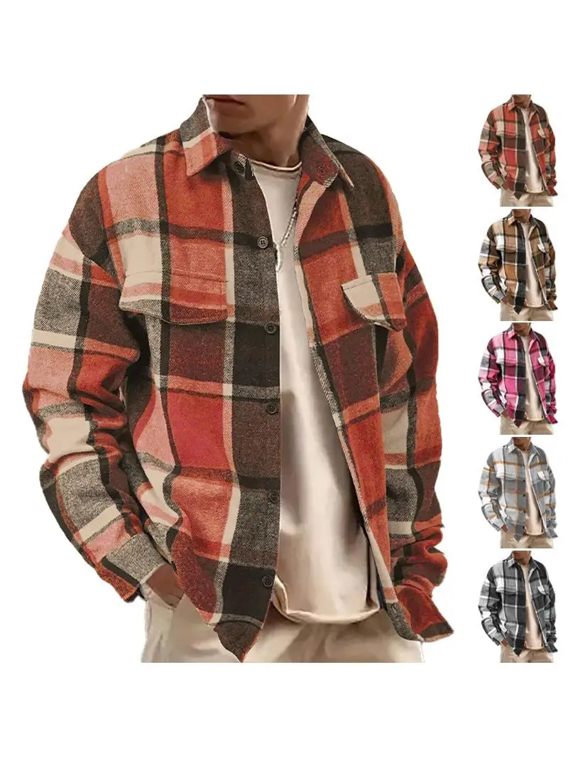 

Casual Long Sleeve Men's Shirt Elegant Collar Plaid Pattern Vintage Brushed Outerwear Polyester Fiber Loose Fit Spring Season