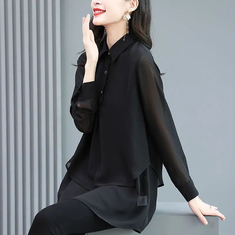 Chiffon Blouse Shirt Women 2023 Spring Fashion Big Brand Design Sense Loose Large -size Belly Stomach Long Sleeve O Neck Blouse