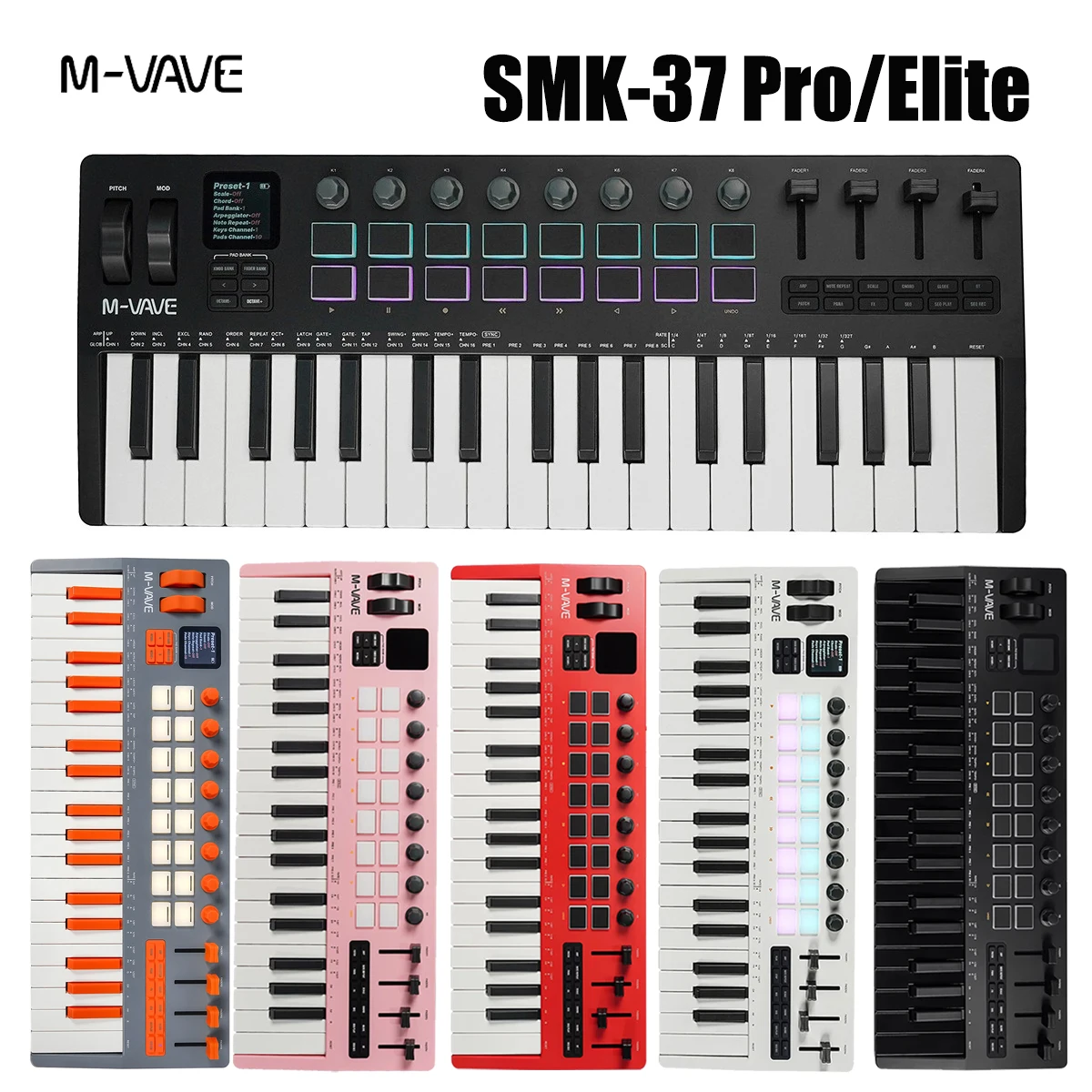 M-VAVE SMK-37 Pro/Elite 37-Key MIDI Keyboard – Aftertouch Pads, 8 Encoders, 4 Faders, Arpeggiator, USB/Bluetooth, for DAW