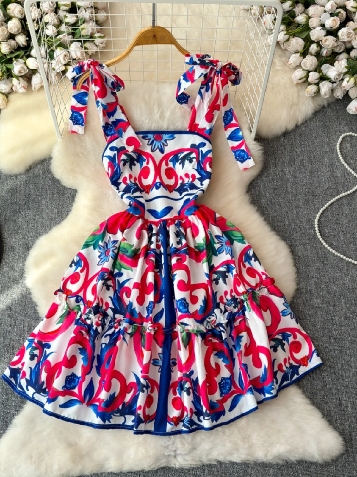 Summer Holiday Floral Short Dress Women Straps Bow Sundress Printed Mini A Line Pleated Vestidos