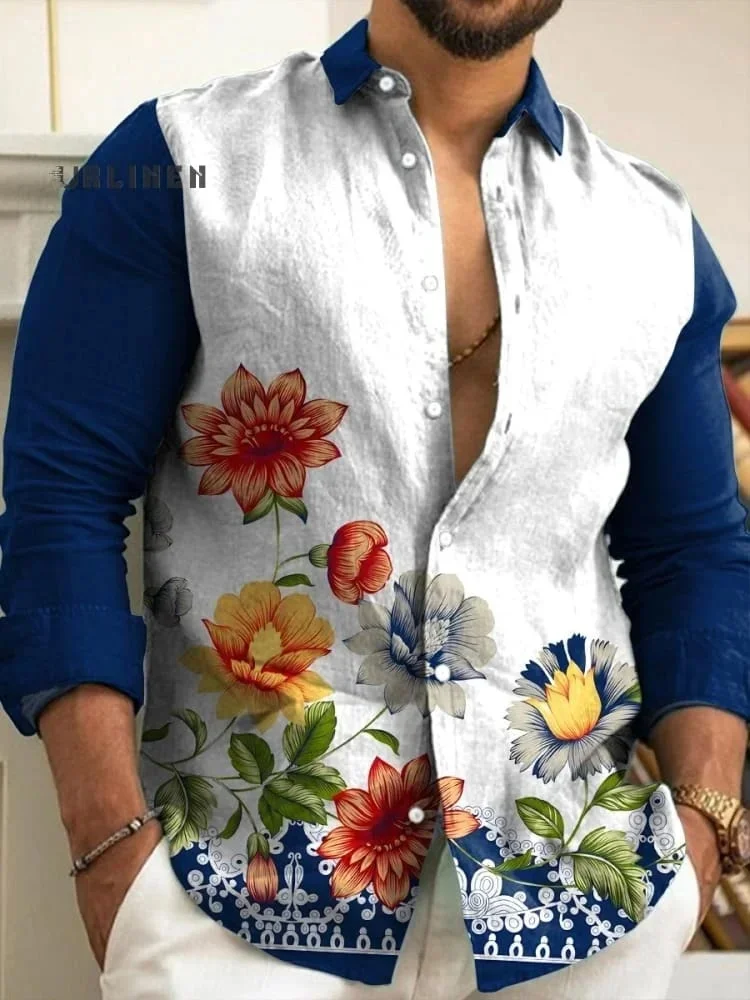2025 秋の新メンズリネンファッションシャツプリント竹麻長袖シャツメンズストリートアロハシャツ