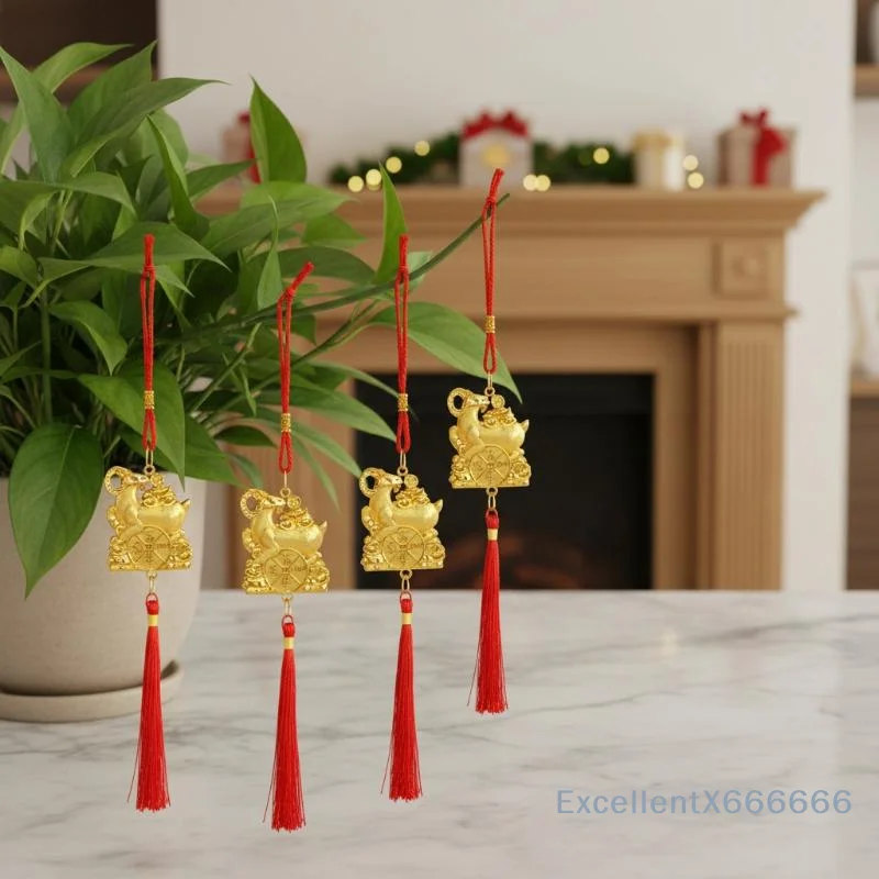 Chinese New Year 2027 Goat Lucky Hanging Decor Gold Printed Red Tassel for Home Window Door Adornment
