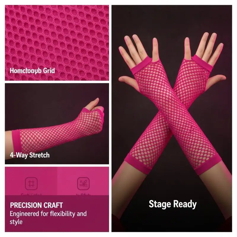 Schwarze, fingerlose, lange Handschuhe aus Netzstoff, weich, elastisch, sexy, ideal für Halloween, Cosplay, Punk-Partys und Bühnenauftritte. – Detail 9