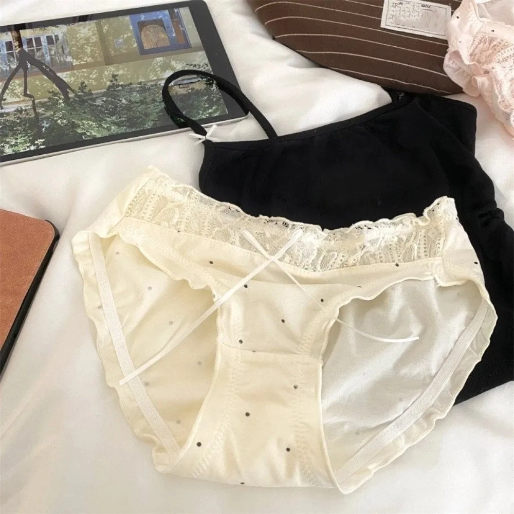 

Cute Mid-waist Underwear Women Dots Ruffle Cotton Bow Briefs Underpants Patchwork Sweet Panties Summer