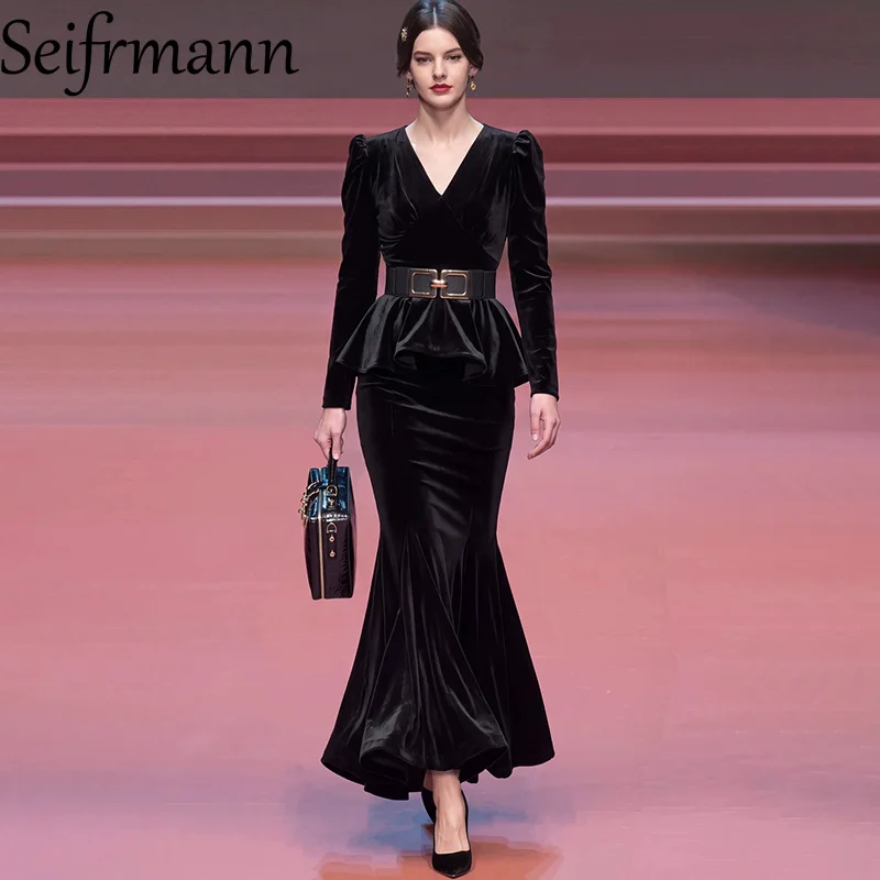 Seifrmann Solid color two-piece v-neck long-sleeved lace-up top waisted fishtail skirt suit 2026 autumn women's new style