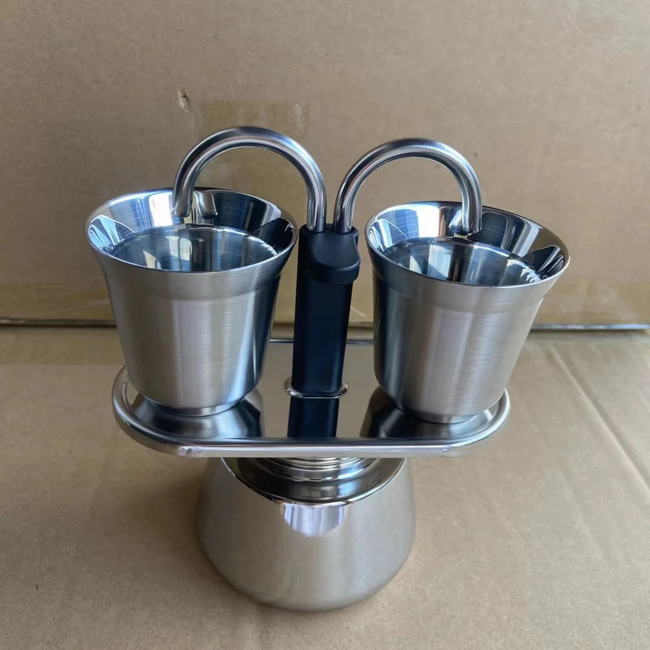 "컴팩트 스테인리스 스틸 모카포트 – 캠핑용 듀얼컵 에스프레소 메이커"