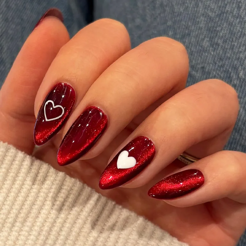 

24PCS Simple Red Cat Eye Almond Stick on False Nails with Glue Glossy Shiny Sweet Heart Wearable Ins Nails French Fake Nails Art