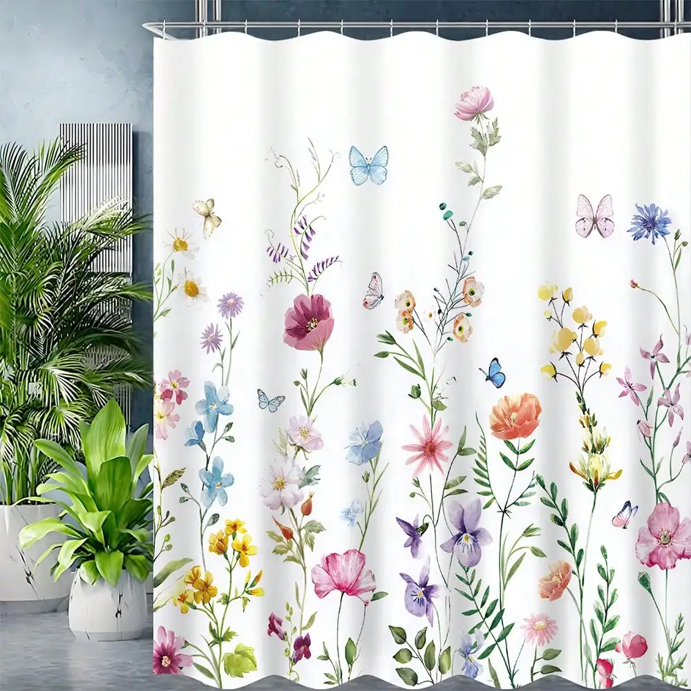 

Floral Shower Curtain Set Of 2, Flower Shower Curtain And Anti-Slip Bathroom Mat, Waterproof Durable Fabric Bathtub Sets Home Decor