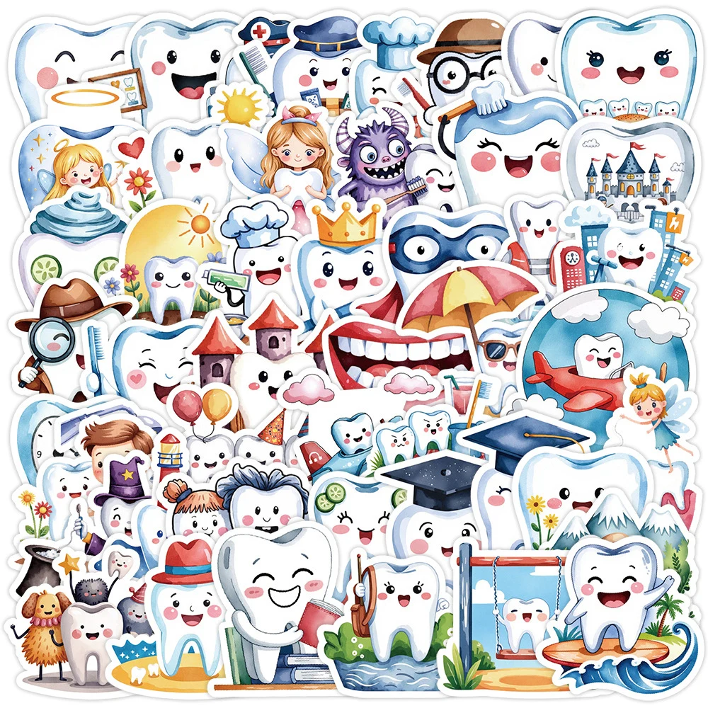 

10/30/50pcs Cute Cartoon Teeth Protection Stickers Tooth Decals DIY Laptop Diary Phone Suitcase Decoration Sticker for Kids Toys