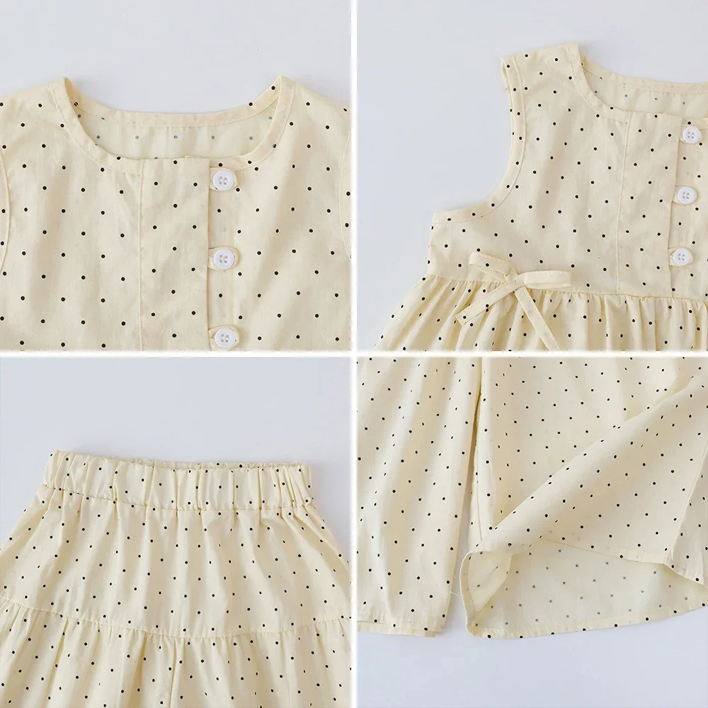 Bear Leader Baby Girl\'s Casual Clothing Round Neck Sleeveless Polka Dot Top+Wide Leg Pants Set with Bow and Botton 2PCS Set