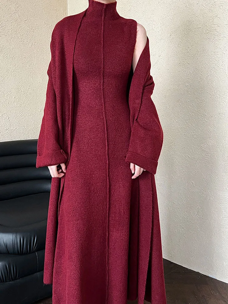 [EAM] Wine Red Sweater Dress Elegant Two Pieces Suit New Turtleneck Long Sleeve Women Fashion Tide Spring Autumn 2025 1DH8654