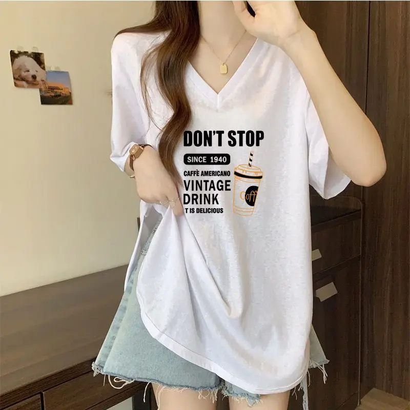 

Simply Commuting Mid Length Short Sleeved V-neck Split T-shirt for Women's Summer New Oversized Loose Fit Slimming Versatile Top