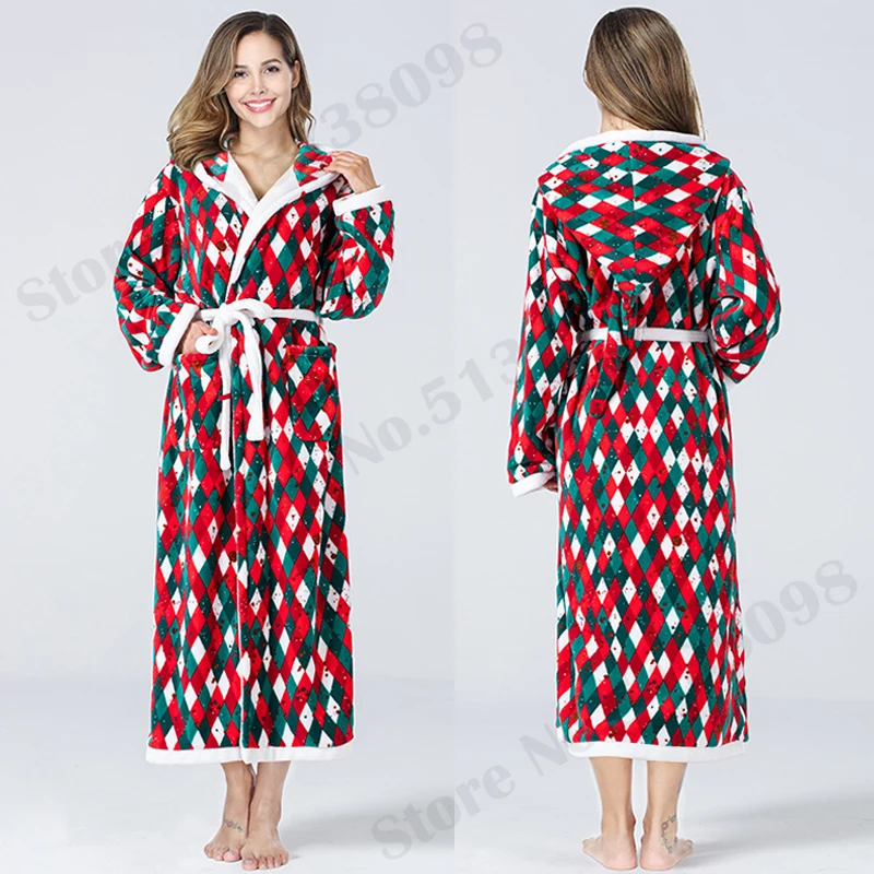 Christmas Checkered Long Robe Long Sleeved Hooded Sleepwear Bathrobe Female Sweet Nightwear Autumn Winter Flannel Nightgowns