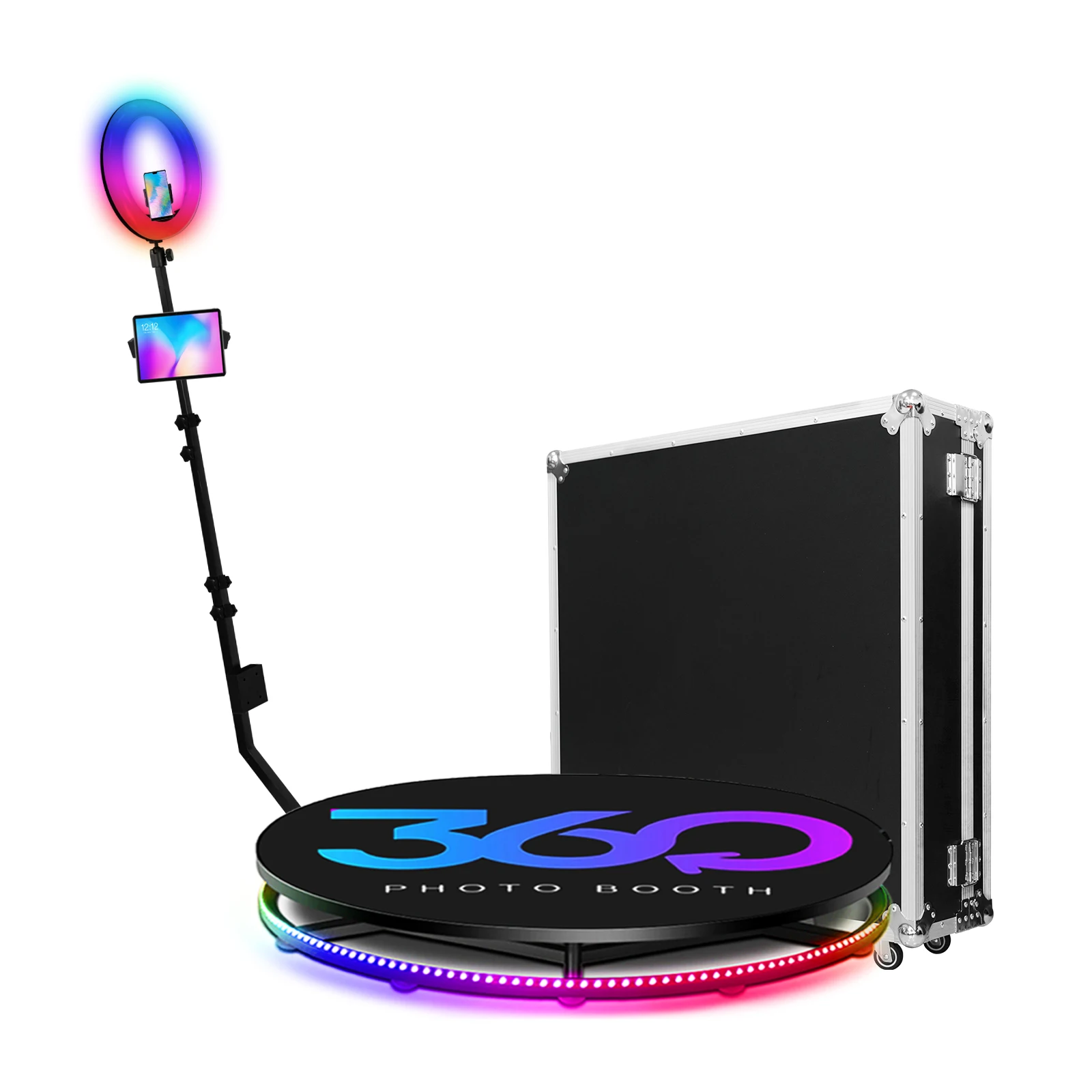 360 Photo Booth Machine for Parties with Flight Case & Battery Pack Slow Motion Camera Deluxe Suit Customization 360 Photobooth App Remote Control RGB Ring Light Photo Booth
