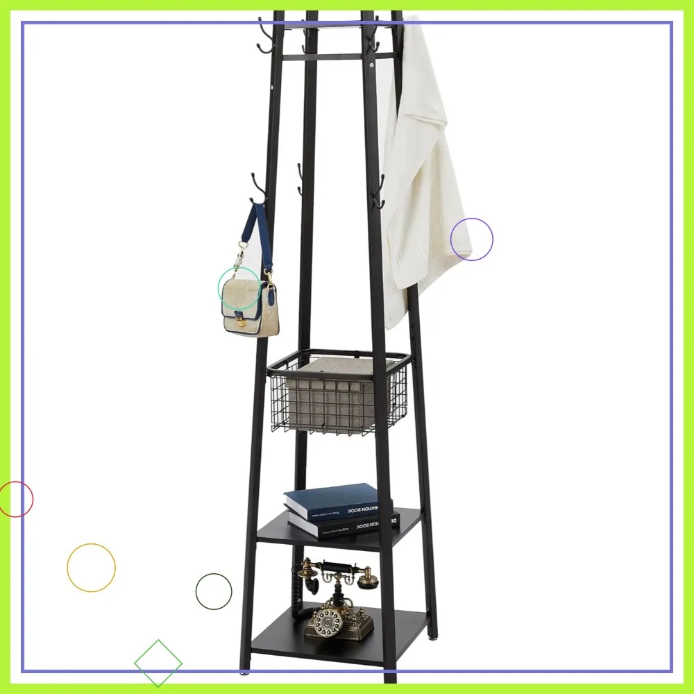 

Freestanding Coat Rack with Metal Basket & Storage Shelves, 8 Hooks for Coats/Hats/Bags/Umbrellas, Matte Black 18x18x72 In