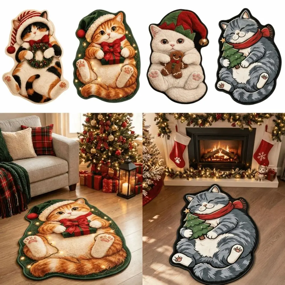 Cute Cat Pattern Christmas Cat Doormat Soft Easy To Clean Bathroom Floor Mat Stain Resistant Non-Slip Indoor Floor Rug Entryway