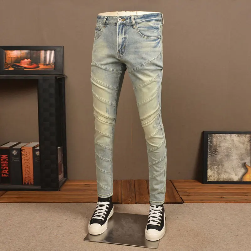 

Street Fashion Men Jeans Retro Washed Light Blue Stretch Skinny Fit Ripped Jeans Men Spliced Designer Hip Hop Denim Pants Hombre