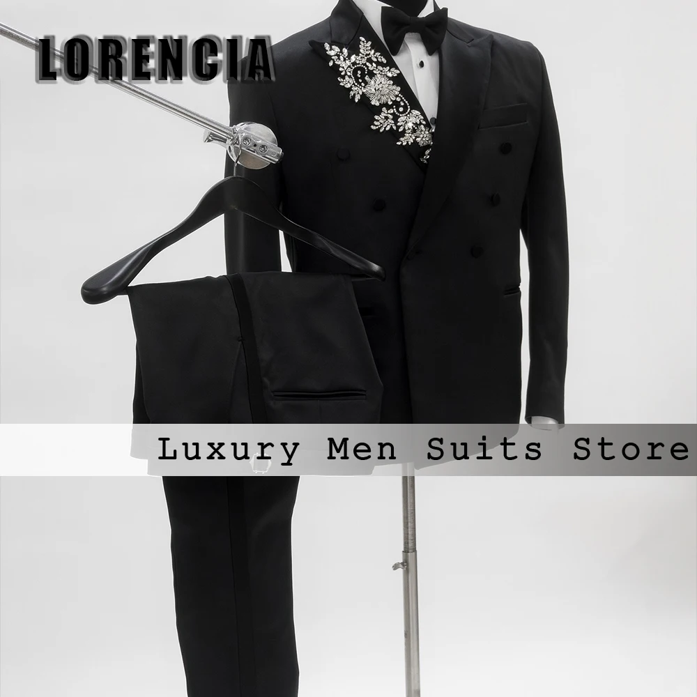 

Leisure Double Breasted Male Suits 2 Pieces Crystal Wedding Tuxedos Groom Outfits Customized Blazer Pants costume homme luxe