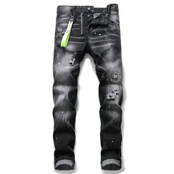 European American Style Fashion Brand Jeans Men Slim Jeans Pants Mens Black Denim Trousers Zipper Blue Hole Pencil Pants Jeans