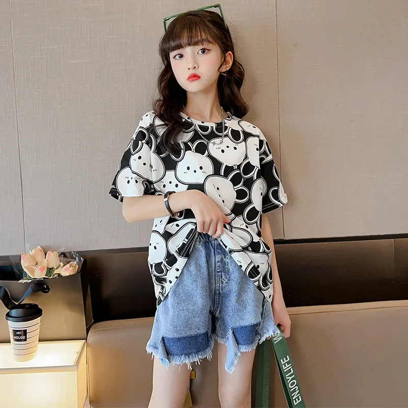 

2024 summer Girls short t-shirt Baby Bottom teenager Kids Princess loose bunny animal print t shirt tops 6 7 8 9 10 11 12 years