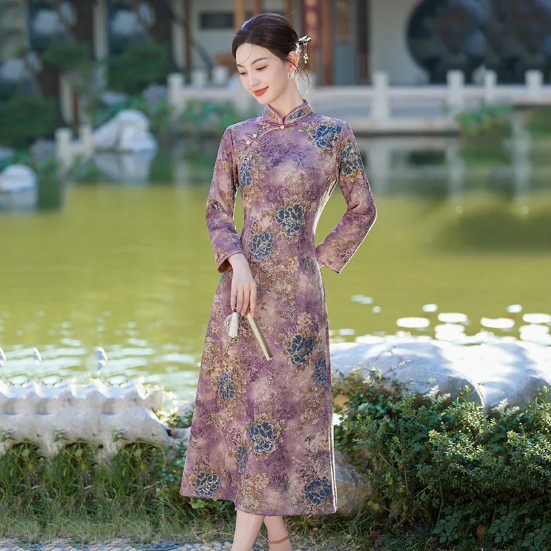 New Velvet Chinese Style Long Sleeved Qipao Improved Women's Retro Dress Spring and Autumn Qipao Classic Female Chinese Dress