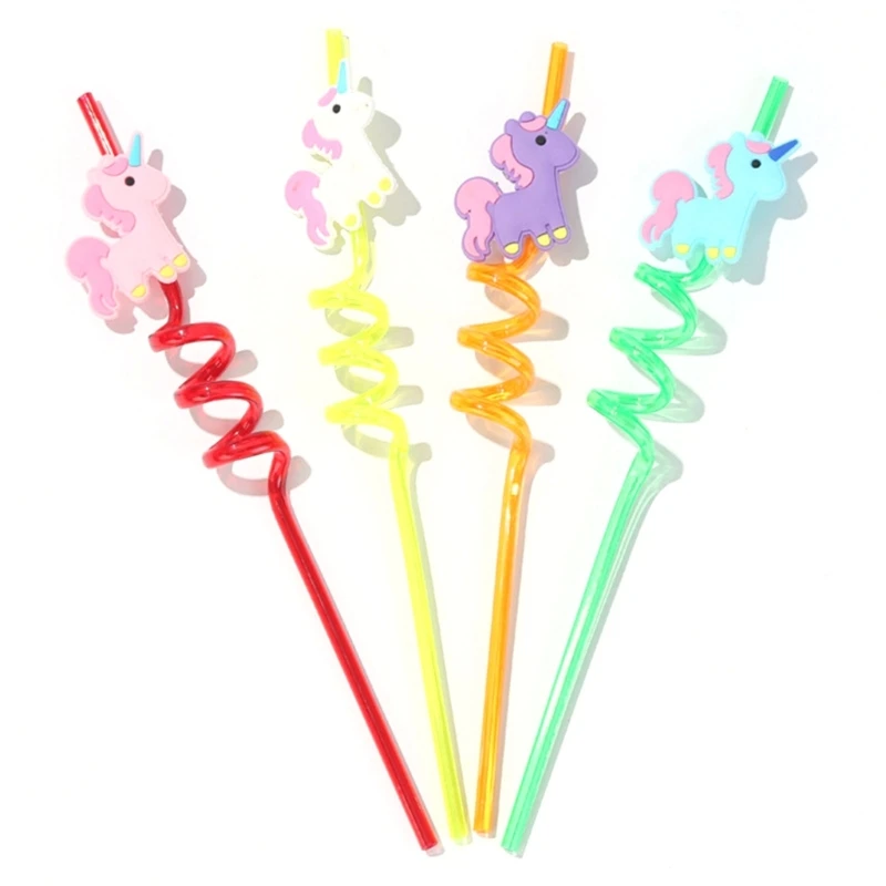 4pcs Reusable Unicorns Drinking Plastic Straws Birthday Party Supplies for Kid