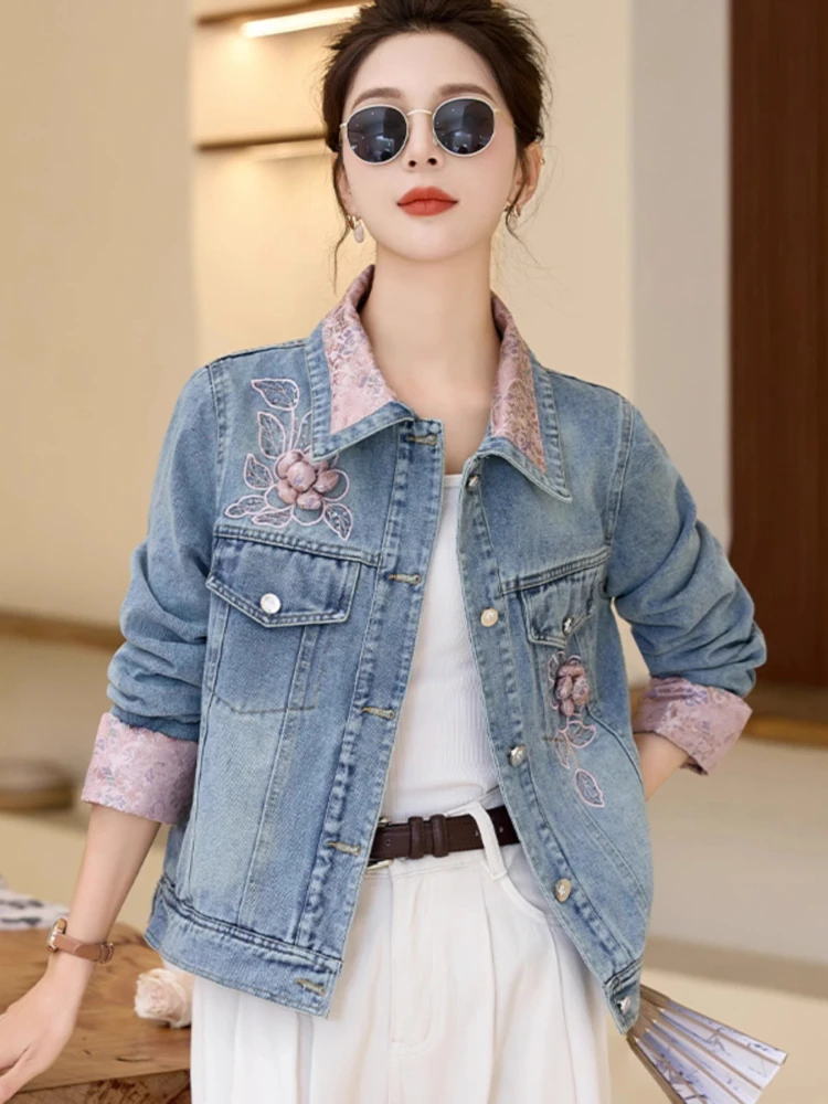 

Винтажная джинсовая куртка женская с 3D цветочной вышивкой, кружевным воротником и манжетами, укороченное миниатюрное весенне-осеннее шикарное повседневное пальто, топы