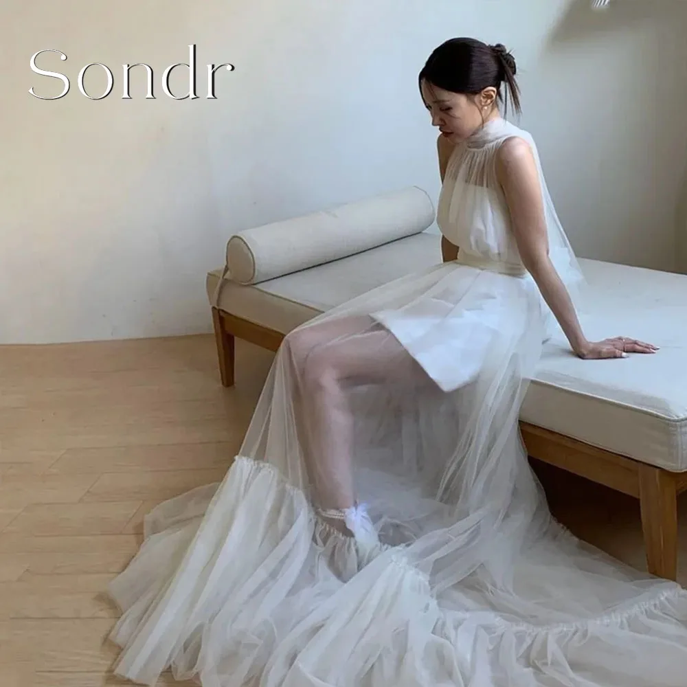 

Sondr индивидуальные корейские свадебные платья 2 в 1, тюлевое свадебное платье трапециевидной формы с открытой спиной, короткое платье невесты без рукавов для фотосессии