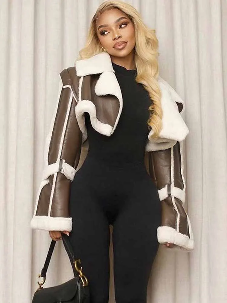 Bkqu peludo retalhos jaqueta de couro feminino moda lapela manga cheia ponto aberto hipster streetwear quente outwear 2025 inverno