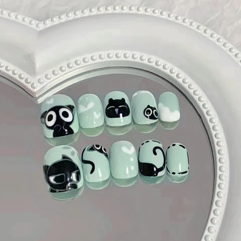 24Pcs Green Short Press on Nails Cartoon Little Black Cat Full Cover Fake Nails Set Reusable Acrylic Nail Tips for Women Girls