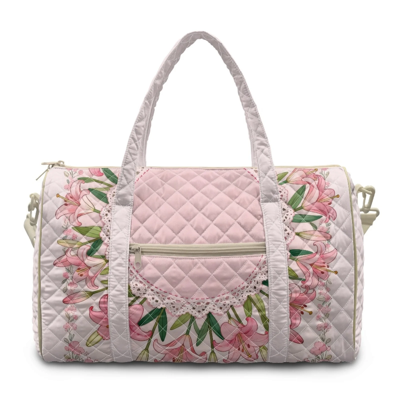Coloranimal Pink Lily Floral New Trend Quilted Tote Bag Polyester Portable Quilted Duffle Bag for Women